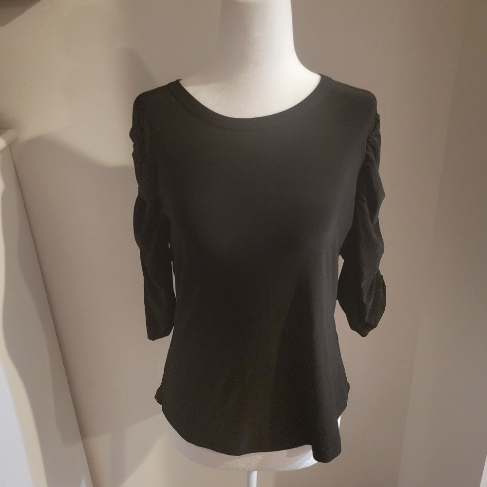 DKNY Solid Black Ruched Sleeves 3/4 Sleeve Top Clubwear Party Workwear | PM